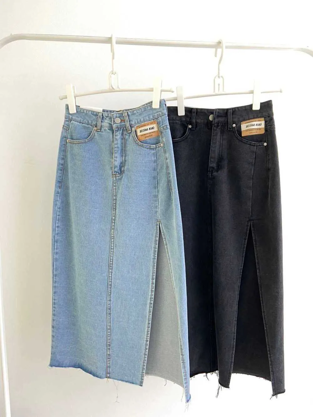 Летняя стройная винтажная линия обертка бедро синий высокая талия сплит джинсовые юбки женщины повседневные дикие черные джинсы муджера Faldas мода сексуальный 210610