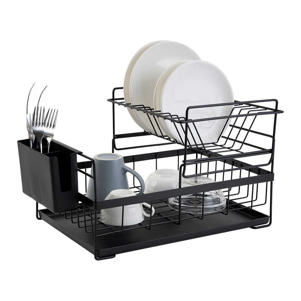 Rack de séchage à vaisselle avec drainage draineur de cuisine Light Duty Top Countertop Ustensile Organizer Storage pour la maison Blanc noir 2tier 210901329453