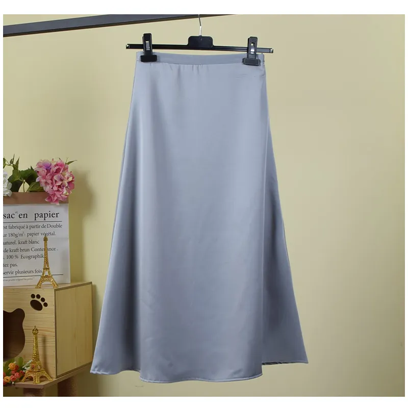 Spring Autumn Temperament Elegant Thin A-Line Long Skirt High Waist Satin Fishtail Women 210514