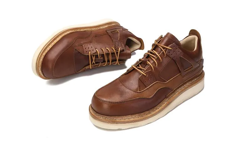 잉글랜드 스타일 레트로 브라운 캐주얼 구두 정품 가죽 남성 신발 높은 탑 라운드 발가락 작업 신발