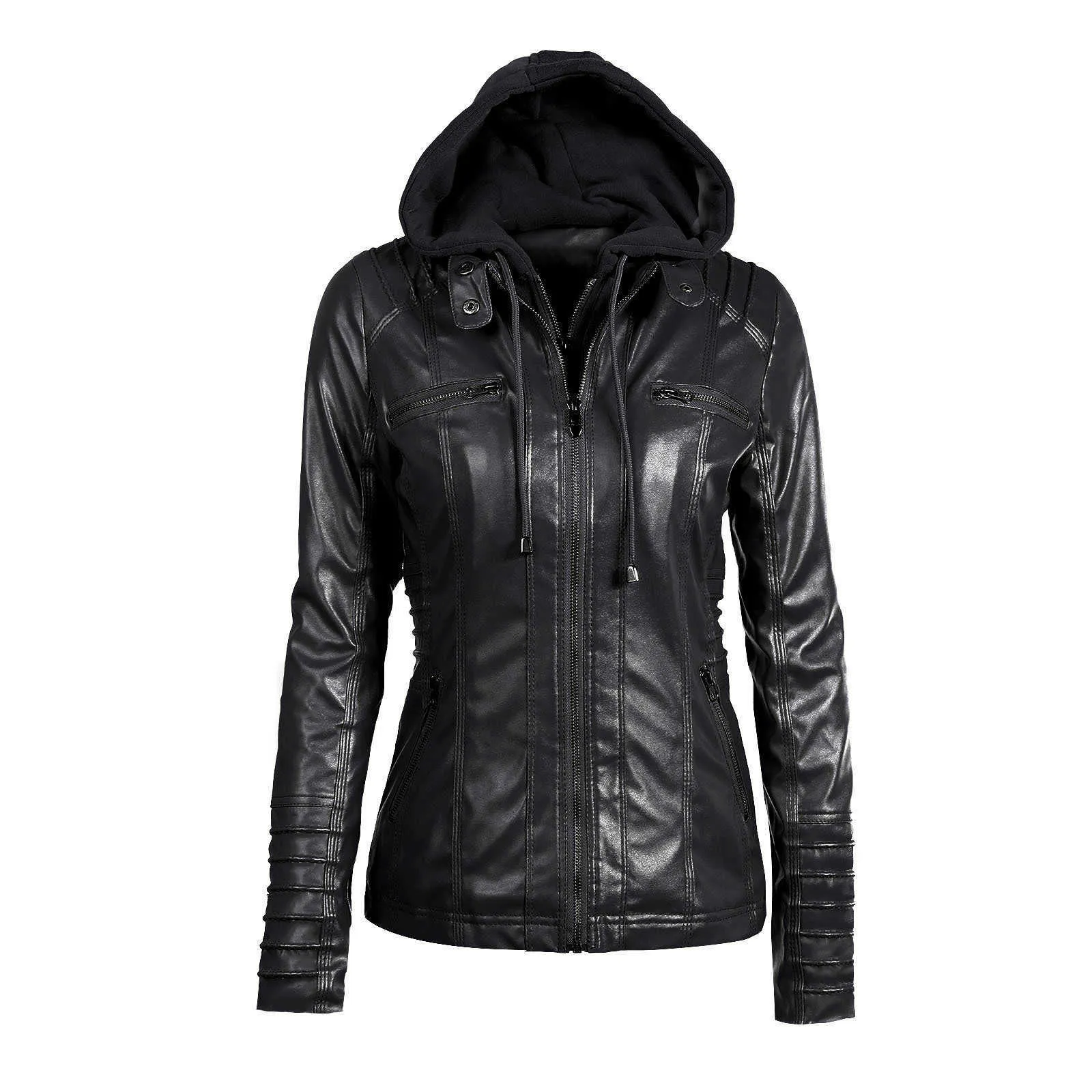 FTLZZ Women Faux Leather Jacket Pu Motorcycle Hooded Hat Detachable Casual Leather Plus Size 5xl Punk Outerwear 210916