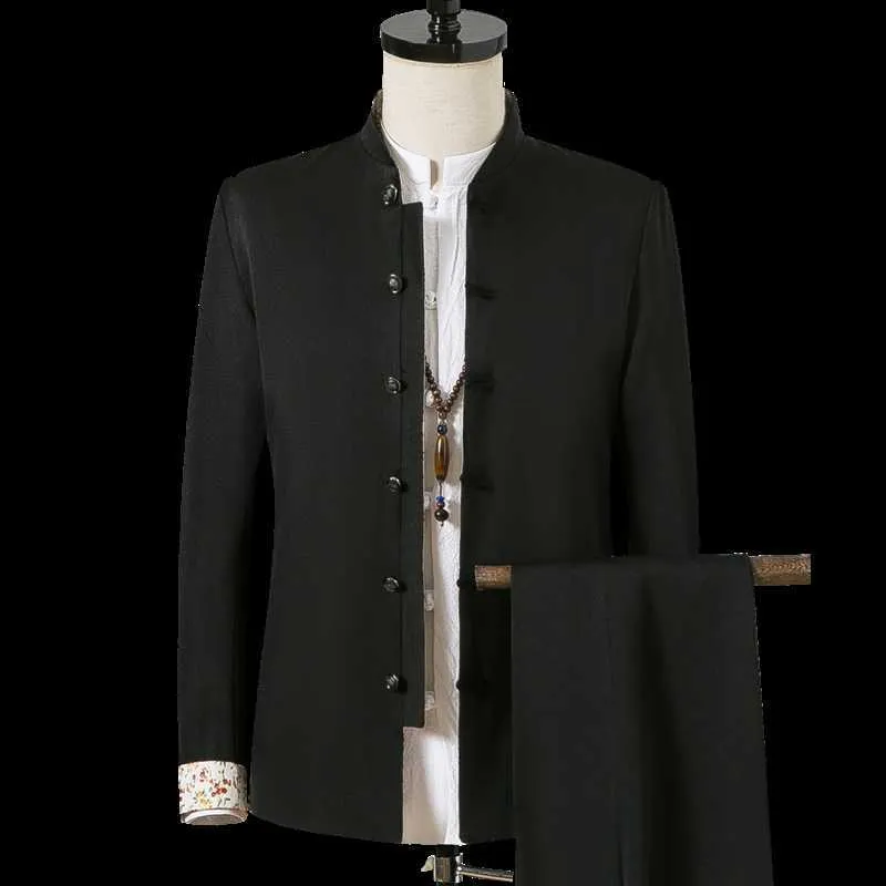 Été nouveau costume brodé hommes ensembles Slim Design mâle Blazer vestes et pantalons classique chinois rétro style col montant costume homme X0909