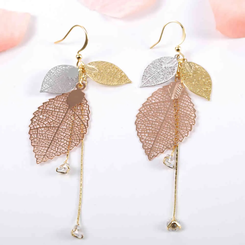 KIVN joyería de moda Boho filigrana hojas cuelgan gota de oro para mujeres niñas pendientes largos de borla