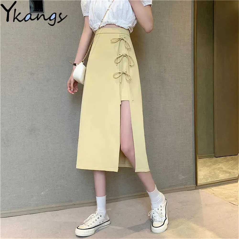 À lacets taille haute fendu jupes longues femmes été jaune irrégulier noir jupes mi-longues mode coréenne couleur unie Streetwear 210619