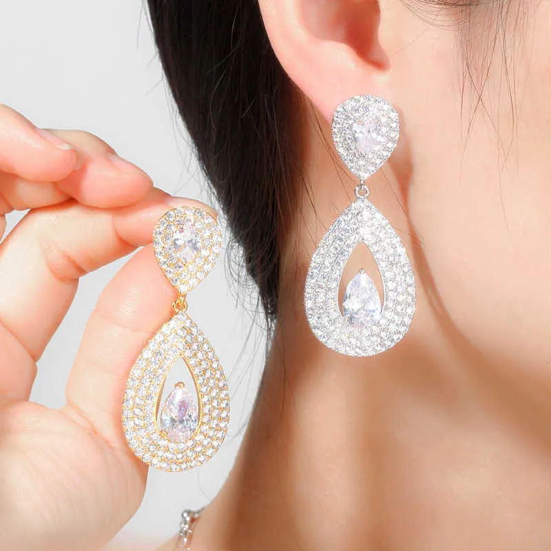 Top qualité brillant larme goutte zircon cubique 585 or Long Dangle pendentif boucles d'oreilles pour les femmes bijoux de fête CZ653 210714