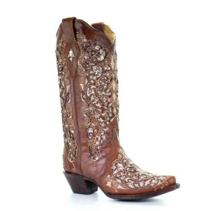 Kvinnor Taupe inläggningar Western Cowboy Boots Europeiska amerikanska stövlar retro mode tjock klack spetsad ärm kvinnor XM437 211105