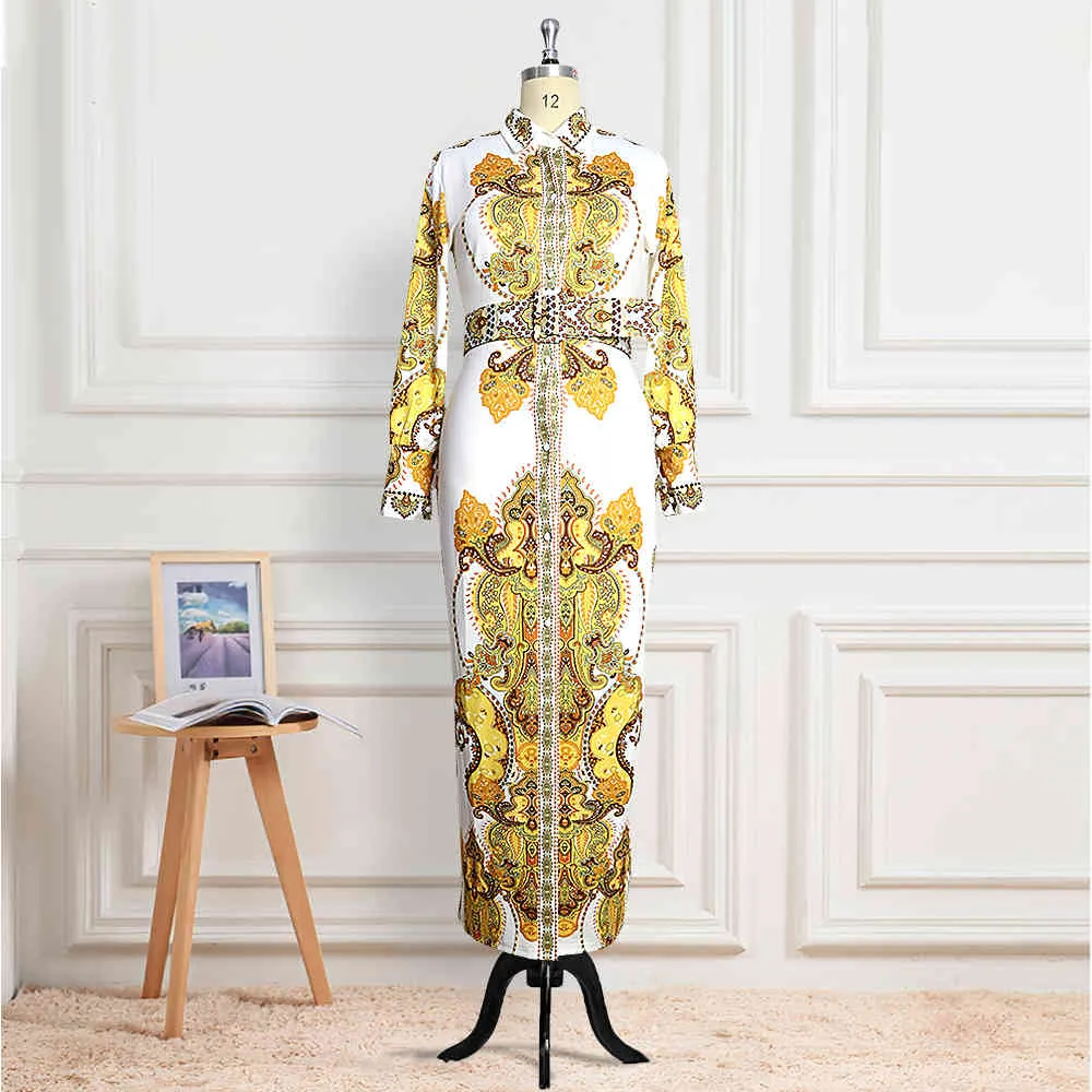 Women Printed Dress Long Sleeves Gold White Elegant Female Vestidos Robes Floral African Fashion Ladies Autumn Plus Size XXL XL 210416