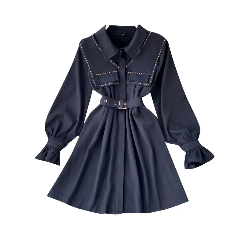 Spring Autumn Women's Dress Retro British Style Flared Sleeve Waist Slim Short Commuter Female es LL900 210506
