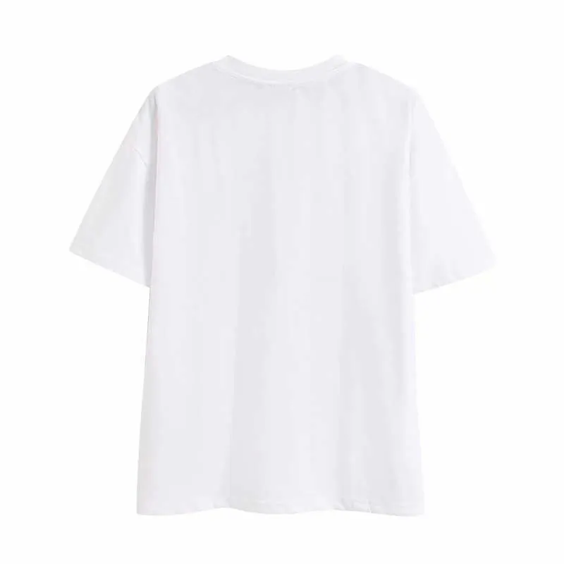 Za Embroidered T-shirt Women Summer O-neck Short Sleeve Tshirt Female Cotton Tops Front Cartoon Pattern White T-shirts 210602