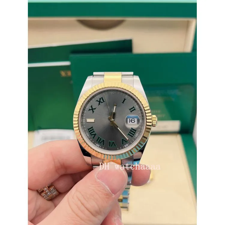 Two-Tone 41mm 18K Slate Roman Wimbledon Watch 126333 Rostfritt stål 18K Pure Gold Men's Watch Box238J