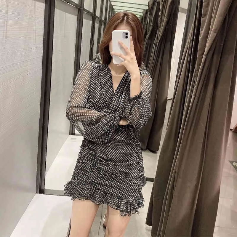 Vrouw Groene Print Ruches Jurk doorkijken door ruche Mini Women Long Puff Sleeve Elegante Dames Gedrapeerde Short ES 210430