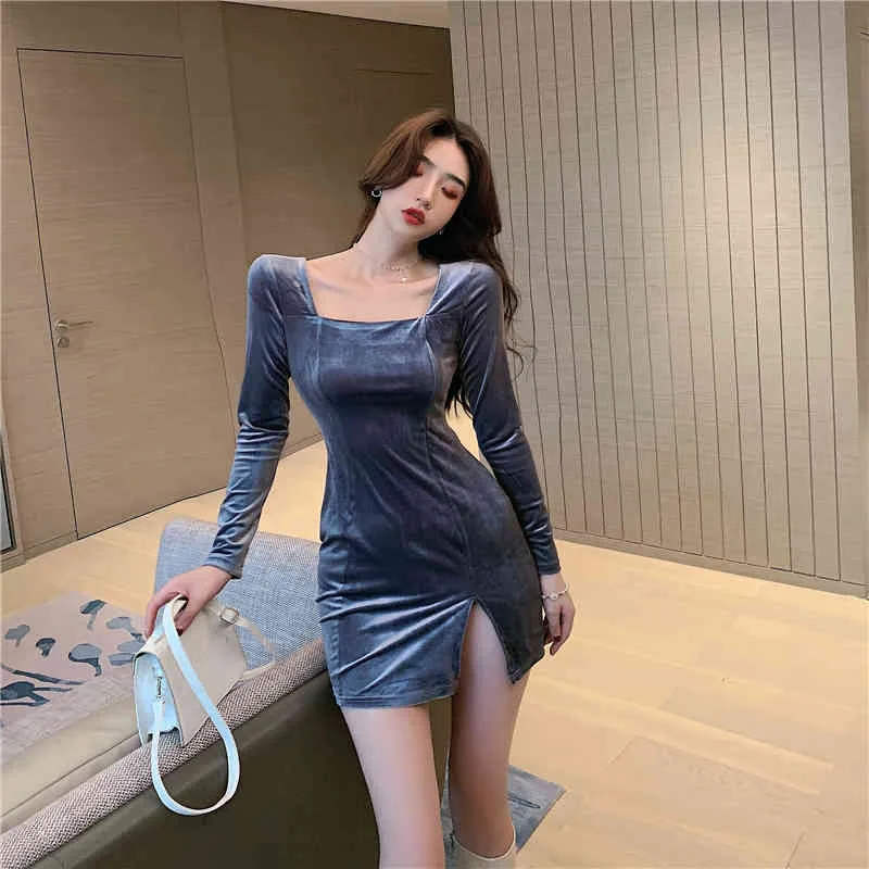 Korean Style Vintage Winter Square Collar Mini Dresses Women Sexy Slim Sheath Velvet Dress Robe Mujer 13185 210417