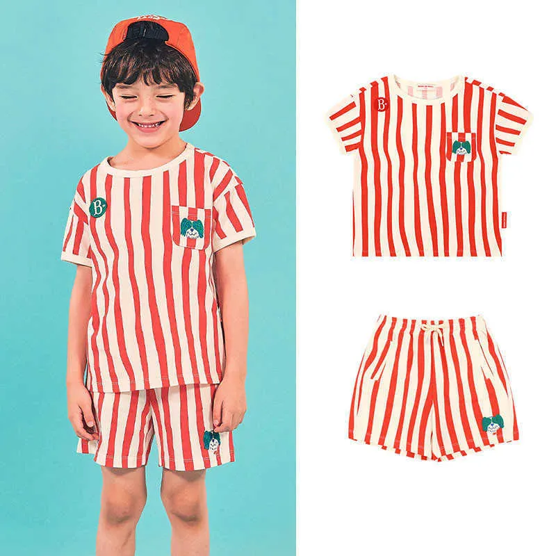 Enfants coréens unisexe vêtements d'été ensembles mode marque Design pomme motif rayé chemise et Shorts tenues enfant 210619