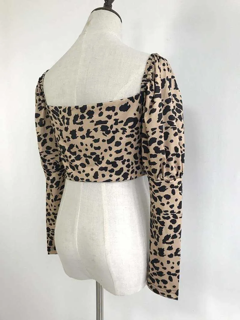Sexy magro mulheres blusa moda leopardo impresso v-decote manga comprida streetwear blusas mujer de moda w221 210526