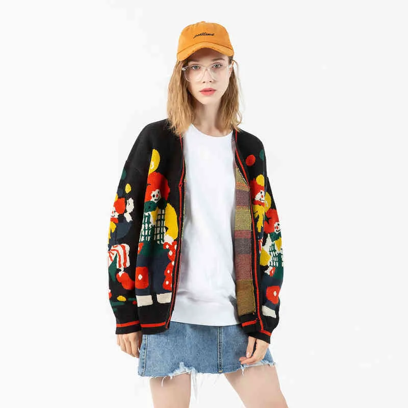 ATSUNNY Broderie Clown Magique Harajuku Pull Style Rétro Pull Tricoté Automne Cardigan Tops 211221
