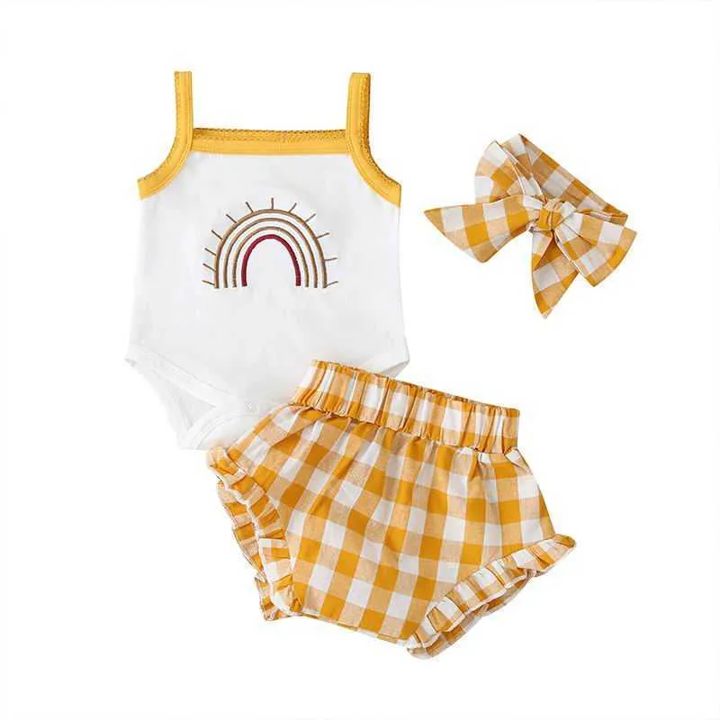 Baby Mädchen Set Baumwolle Hosenträger Strampler + Shorts + Haarreifen Niedliche Anzugkleidung E7 210610