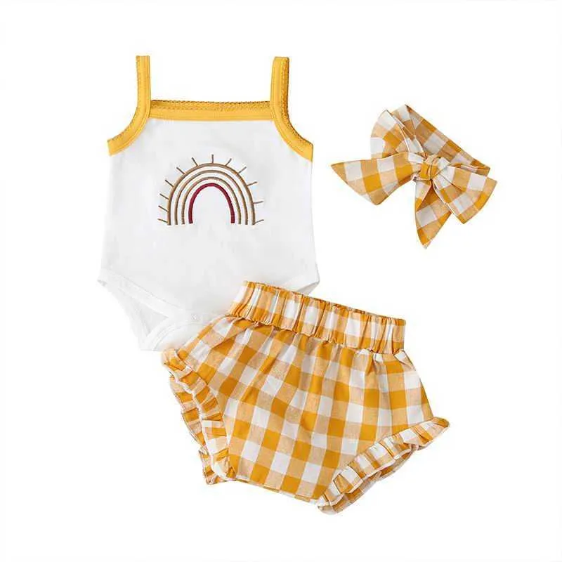 Toptan Bebek Kız 3 adet Set Pamuk Jartiyer Romper + Şort + Saç Hoop Sevimli Takım Elbise E7 210610