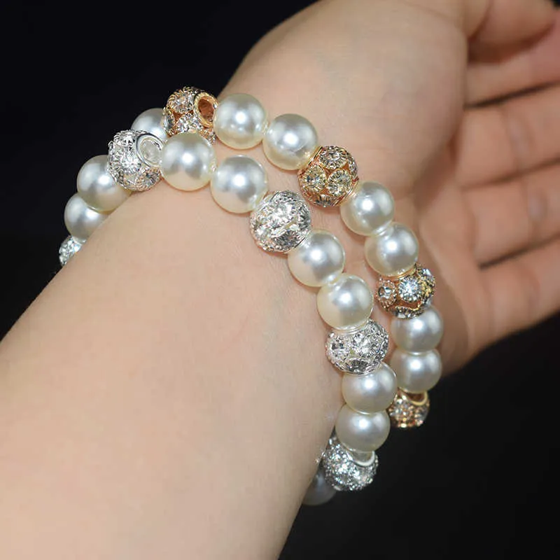 Pulsera de perlas Crystal Ladies Elástico Chapado en plata Oro Clastic Force Bridal para mujeres Jewelr Q0719