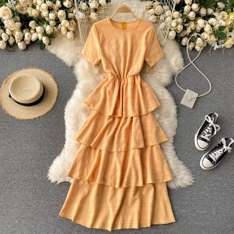 Singreiny Francês Ruffled Bolo Vestido Mulheres Coreano O Pescoço Manga Curta A-Linha Vestidos Verão Elegante Sólido Vestido de Praia 210419