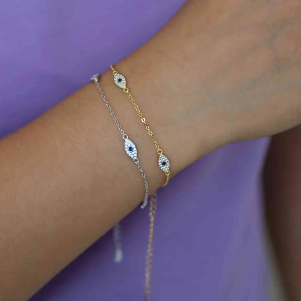 100% 925 sterling zilver schattig mooi blauw wit cz boze oog link minimale delicate dunne ketting vrouwen meisje schattige bracelet190j