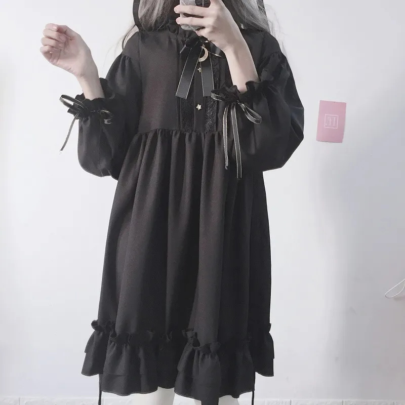 Woherb Japonais Gothique D'été Robe En Mousseline De Soie Femmes Vintage Arc Bandage À Volants Noir Lolita Robes Vestidos Robe Femme 21664 210409