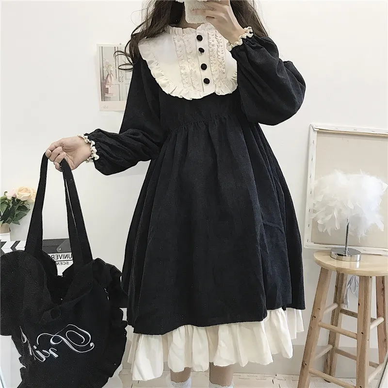 Japon tarzı Sonbahar Kadın Elbiseleri O yaka yüksek bel zayıflama kontrast rengi fırfırlı tatlı lolita elbise Kawaii Giyim 220215