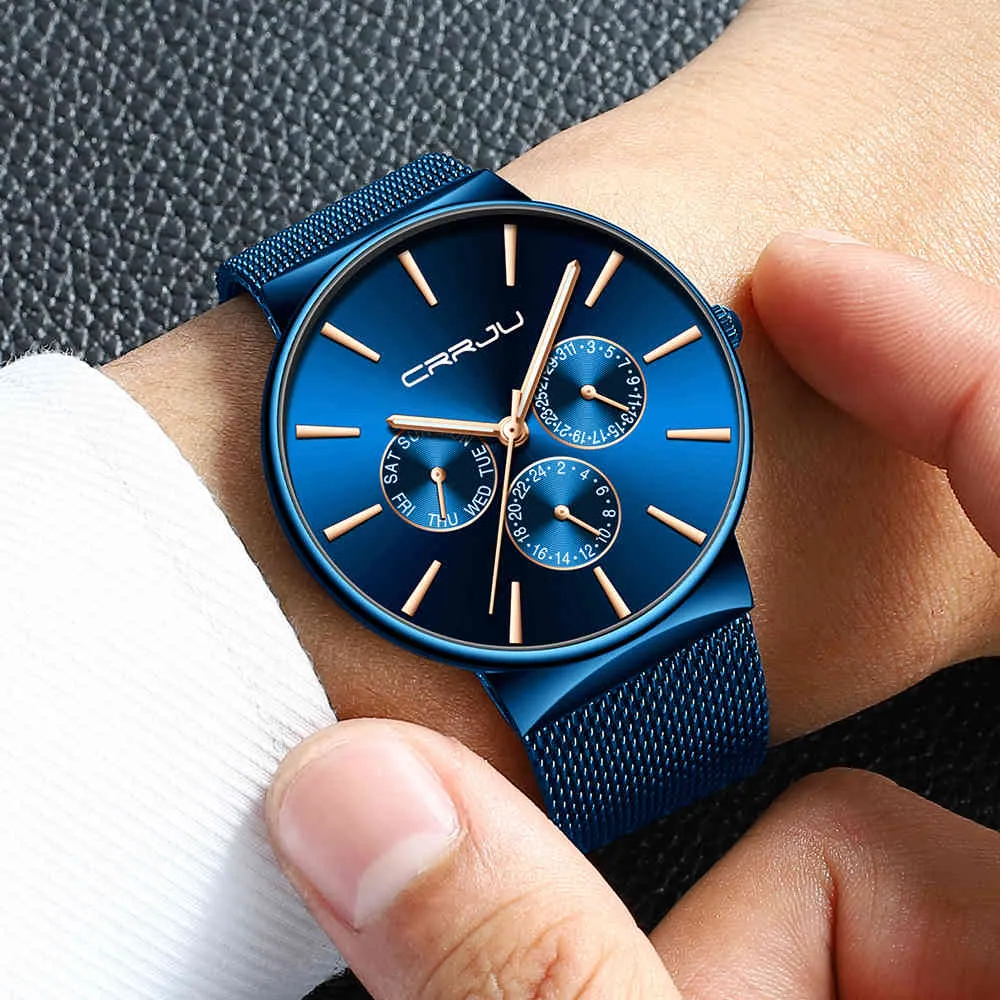 Reloj Hombre crrju Männer Blau Uhren Chronograph Ultra Dünn Date Mode Handgelenk für Männer männlicher Mesh Gurt Casual Quarzuhr 210517