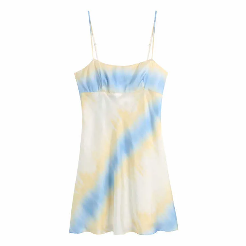 ZA Tie Dye Satin Summer Dress女性ノースリーブスパゲッティストラップ背中のないセクシーパーティードレス女性弾性レトロミニドレス210602