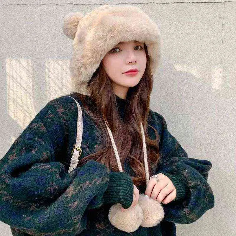 Black Wool ball Russsian Snow Winter Fluffy Plush Thick Fur Hat Faux Fox Furry Cap Head Warmer Outdoor Headgear Women Girl Men Y21111