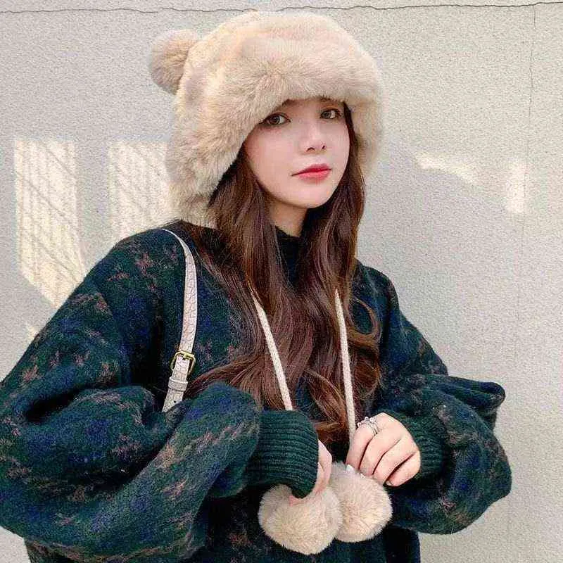 Black Wool ball Russsian Snow Winter y Plush Thick Fur Hat Faux Fox Furry Cap Head Warmer Outdoor Headgear Women Girl Men Y211117249049