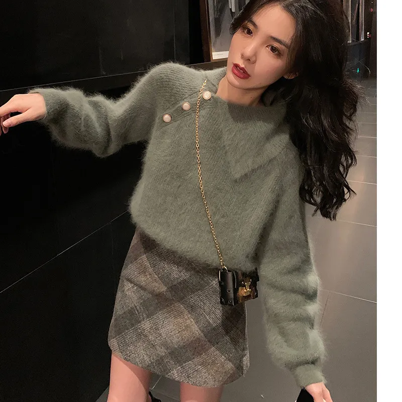 Kvinnor Cashmere Sweater Koreansk stil Strikkad Casual Höst Kvinna Lösa Asymmetriska Pullovers Pull Femme 210519