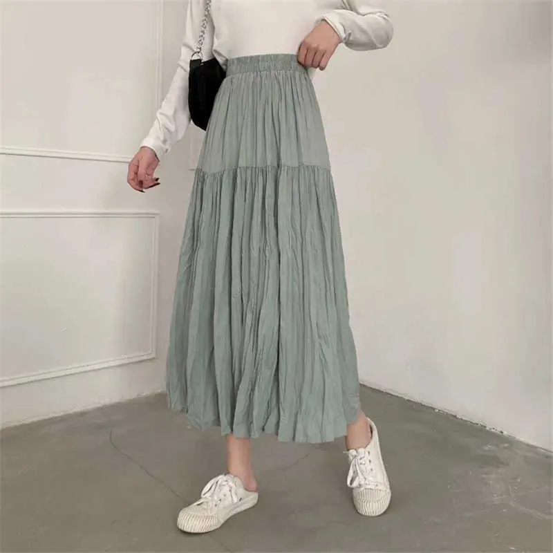 Eenvoud hoge taille geplooide rok vrouwen casual Koreaanse Harajuku midi lange rok vrouwelijk ol lente zomer vintage zwarte saia 210619