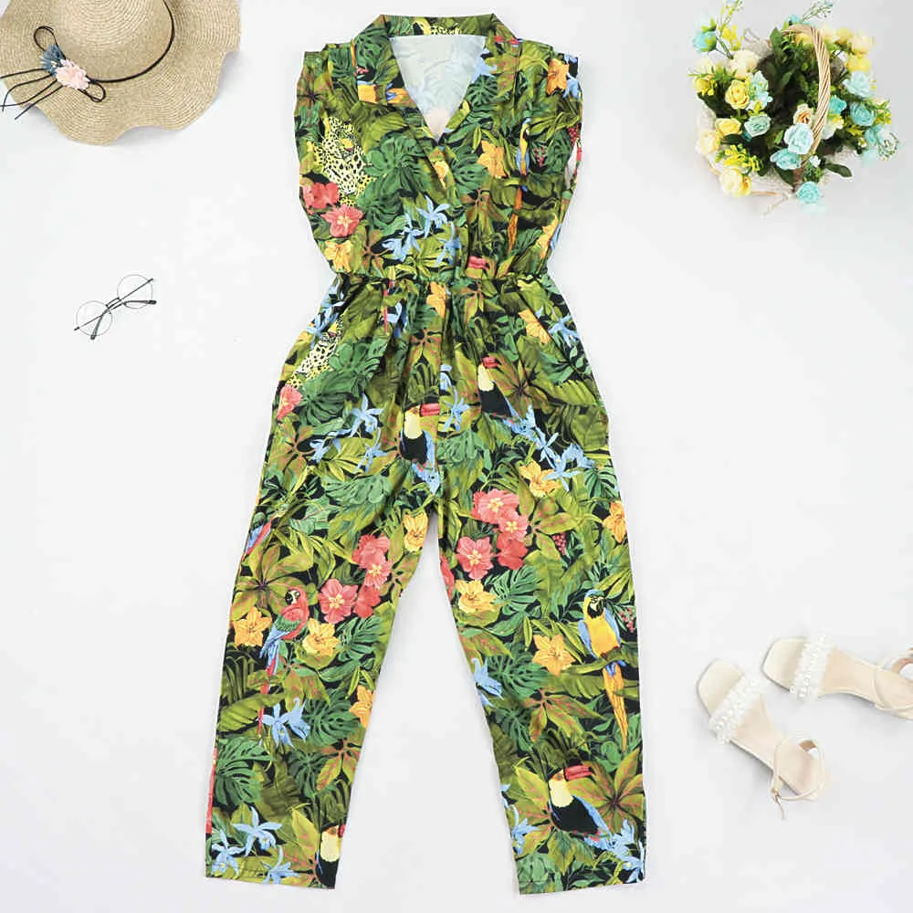 Kvinnor Tropiska Blomsterblad Print Siamese Rompers Ladies Ärmklar Jumpsuits Casual Elastic Waist Pocket Byxor ZA 210510