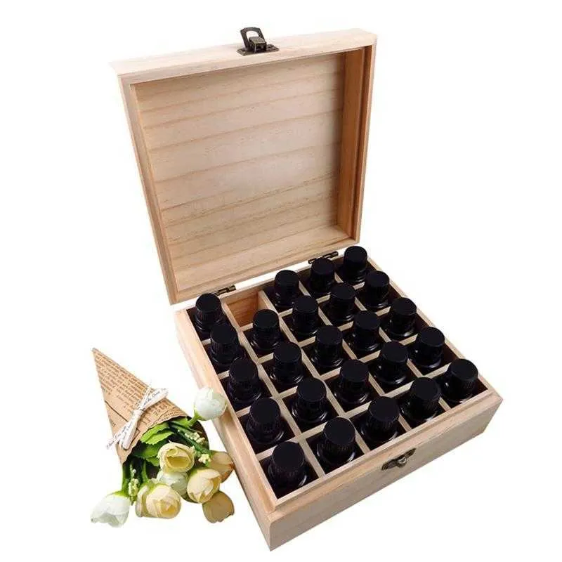 25 slot bottiglia di olio essenziale scatola di legno scatola di immagazzinaggio display organizzatore titolare legno profumo aromaterapia contenitore 210922