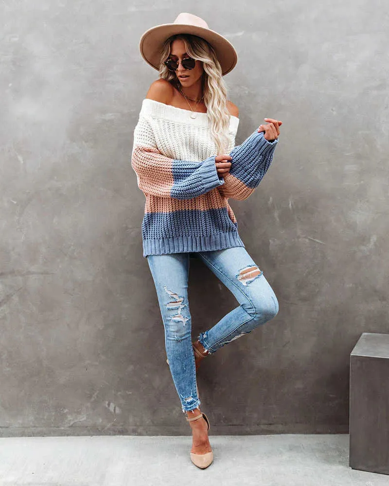 Fitshinling Off Shoulder Damen Übergroßer Pullover Patchwork Bohemian Pullover Strickpullover Urlaub Slim Pullover Damen Kleidung 210805