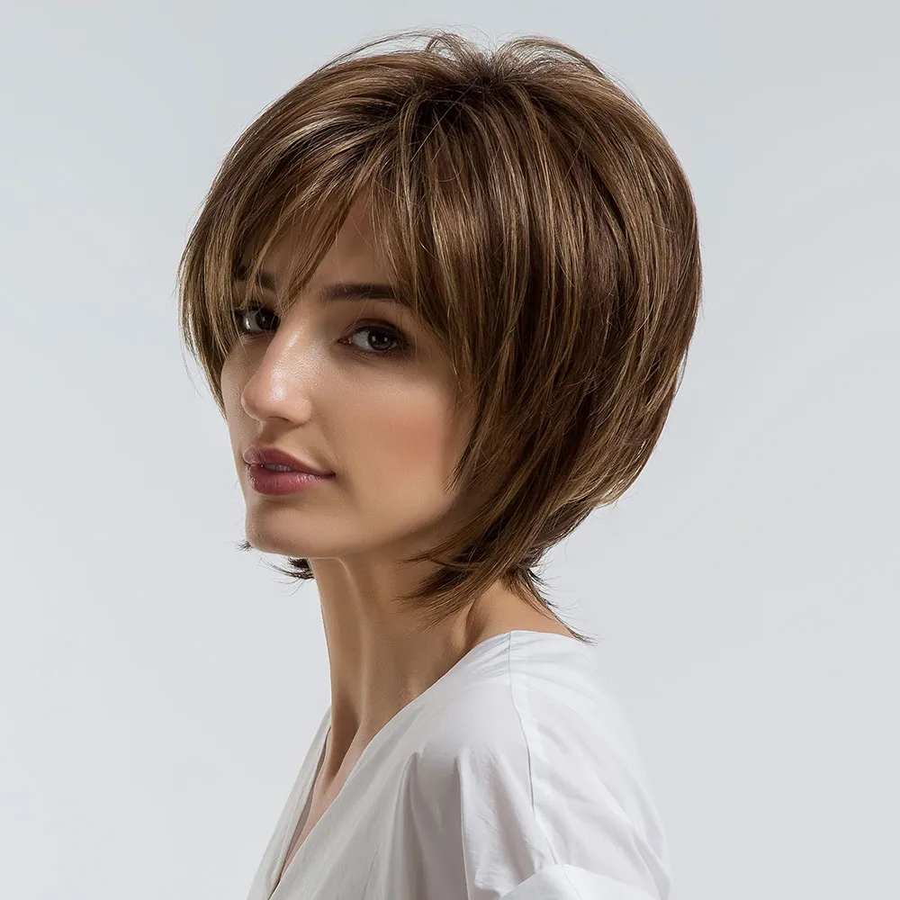 Short Honey Brown Synthetic Wigs for Women Layered Natural Hair Wigs Free Part Short Hair Daily Wig Heat Resistantfactory direct