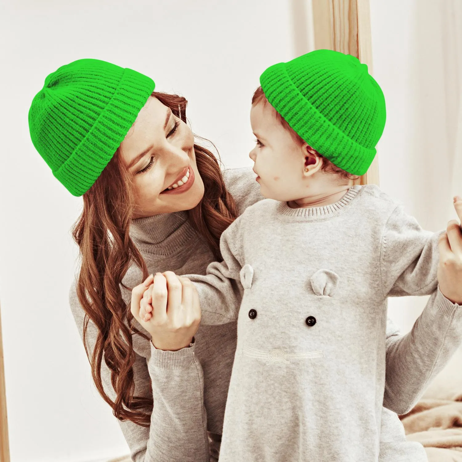 Baby Kids Mother Knitted Hat 2st / Set Solid Färg Småbarn Barn Huvudbonader Vuxen Mössa Kepsar Set