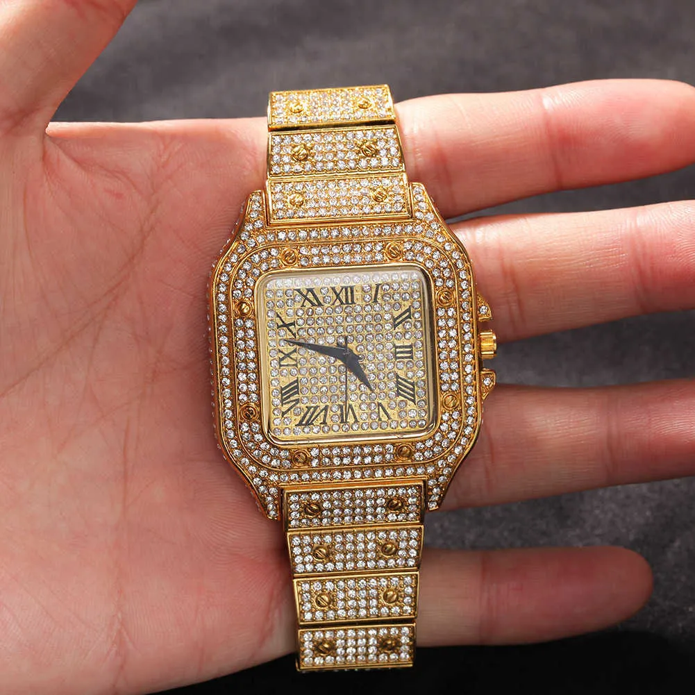 Montres pour hommes de luxe mode Hiphop glacé montre argent or strass Quartz montre-bracelet Relogio Masculino cadeaux hommes montre H1012
