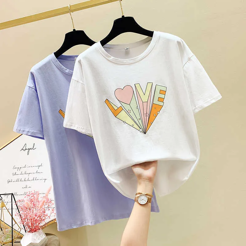 Koszulka Koszulka z krótkim rękawem Koszulka O-Neck Bawełna Plus Size Summer T Shirt Kobiet Moda Top Tee Biały Różowy Purpurowy 210604