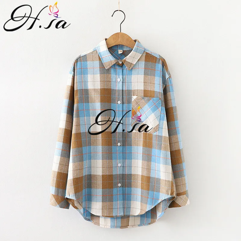 HSA Women Blouses Office Lady Cotton Oversize Shiers Plaid Tops Blue Long Sleeve Spring Summer Korean Fashion Shirts 210417
