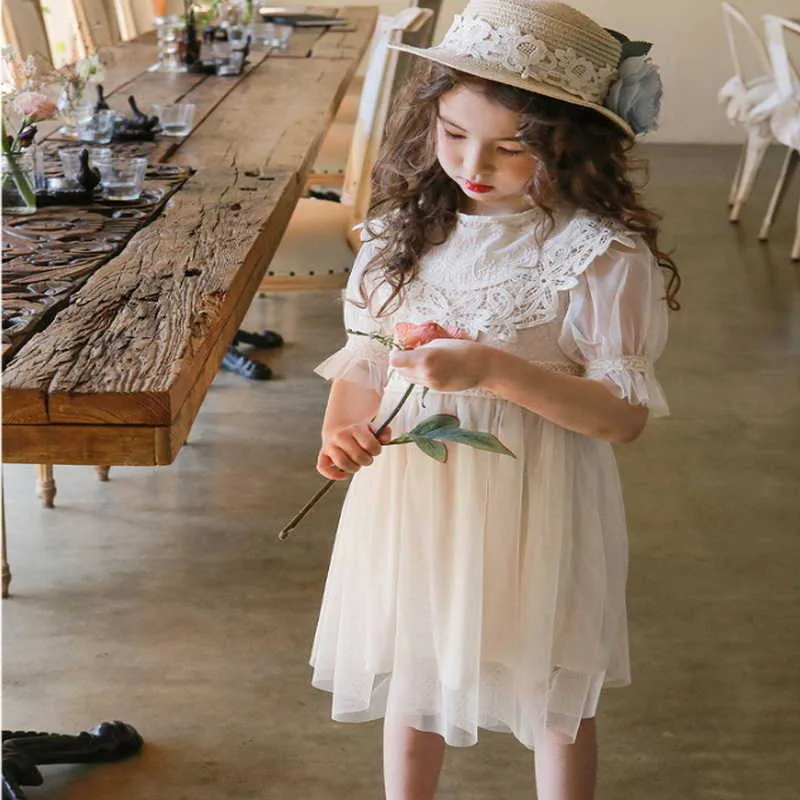 Korean Style Summer Teenagers Girls Dress Half Puff Sleeves Lace Princess Dresses Children Cute Kids Clothes E701 210610