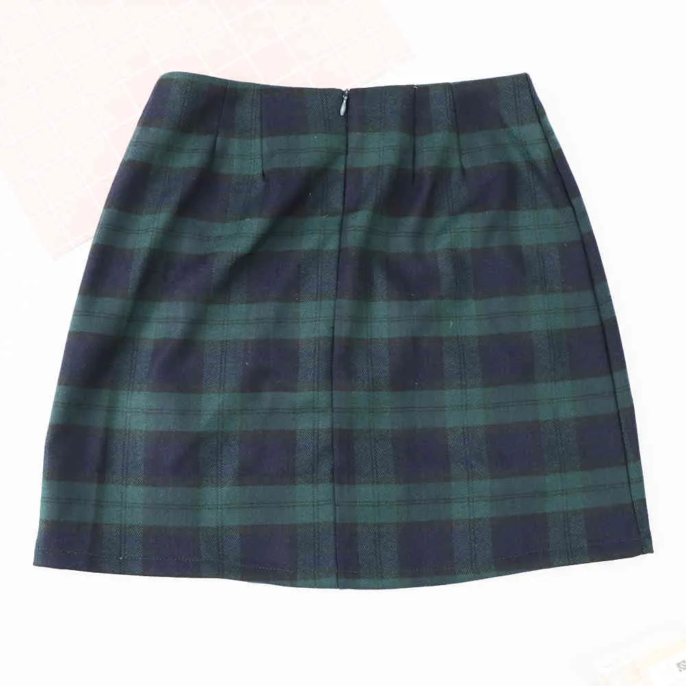 Streetwear Slim Tartan Green Harajuku Plaid Kjolar Kvinnor Hög midja Split Kort Kjol Sexig Kvinnor A-Line Mini Skirt Za 210510