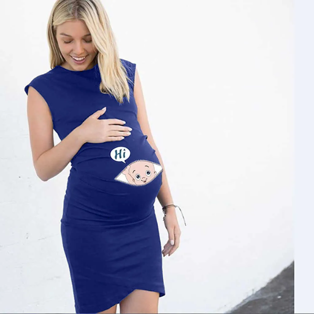 Vestito da maternità gravidanza senza maniche da donna Abito con stampa di lettera del fumetto Abito allattamento in gravidanza Abiti Maternidad De Verano Q0713