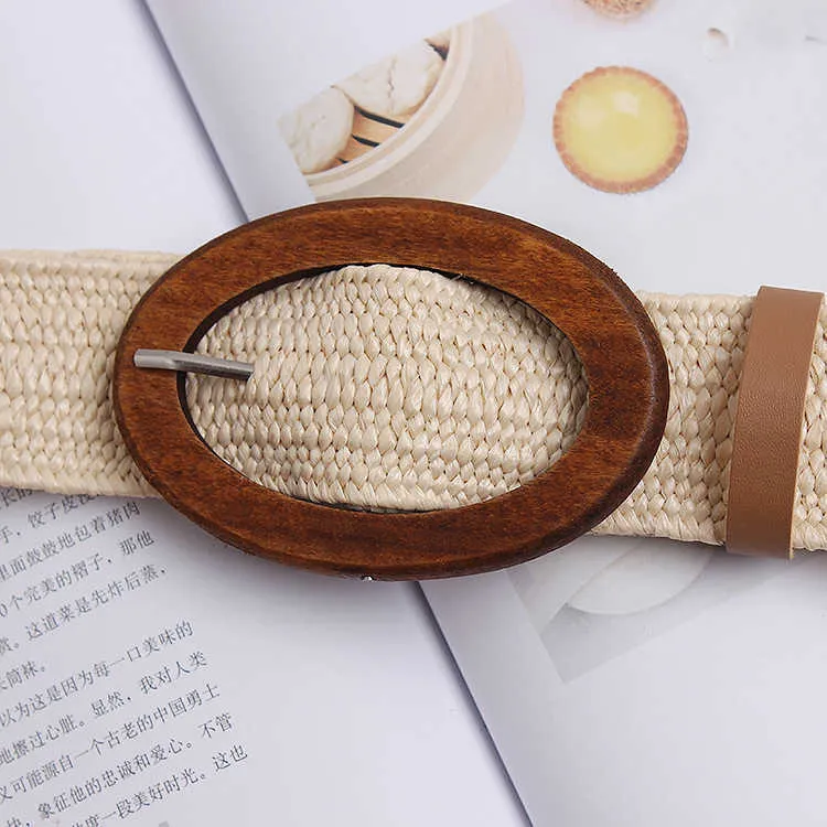 New designer good wooden buckle elastic grass woven belt for ladies holiday wind seaside bohemian ethnic elastic woven belt G102623977574
