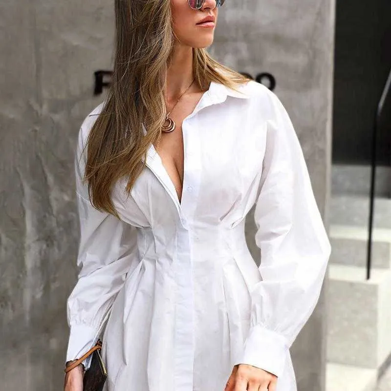 Vestido de mujer manga larga camisa de un solo pecho es plisado cintura alta blanco sexy mini es primavera verano 210524