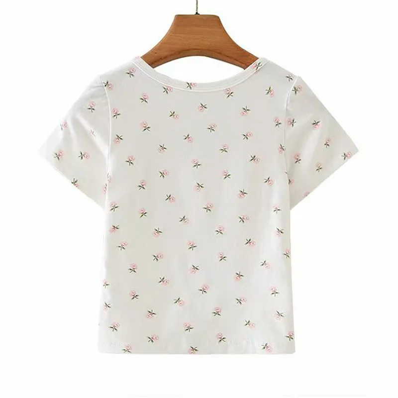 BLSQR Mode Sexy Dames Korte Mouw Crop Top Button Casual White T-shirt Tops Blouse Print 210430