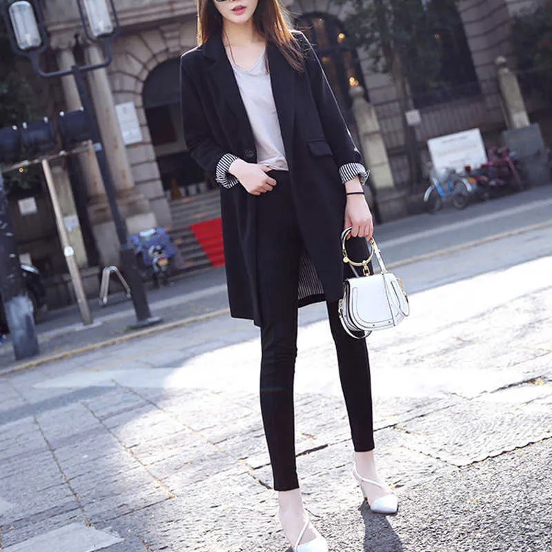 高品質のカジュアルな女性の長いジャケットスーツ黒い秋と冬のファッションプラスサイズの気質の女性ブレザー210527