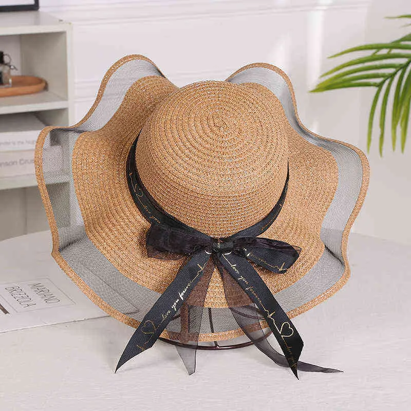 Kvinnors 5,5 tums Big Bow Straw Hat, Stor diskett, Vikbar Roll-up Beach Hat, Sun Hat, Elegant Straw Hat med nät kanter G220301