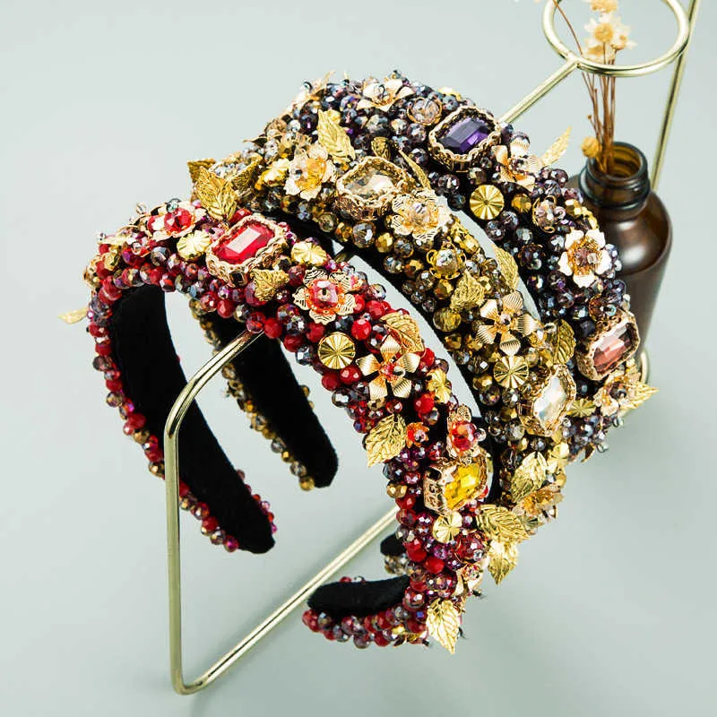 European American Crystal Headband Sponge Gold Velvet Fabric Rhinestone Hair Accessories Handmade String Baroque Flower Hairband X0722
