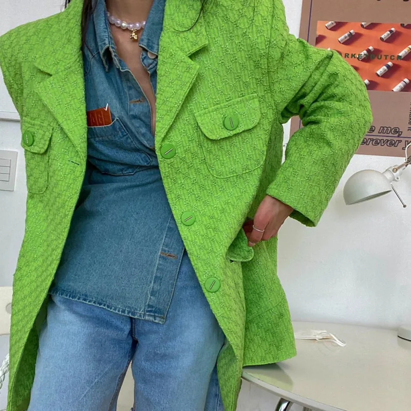 Femmes vert Vintage décontracté grande taille Blazer cranté à manches longues coupe ample veste mode printemps automne 2F0579 210510